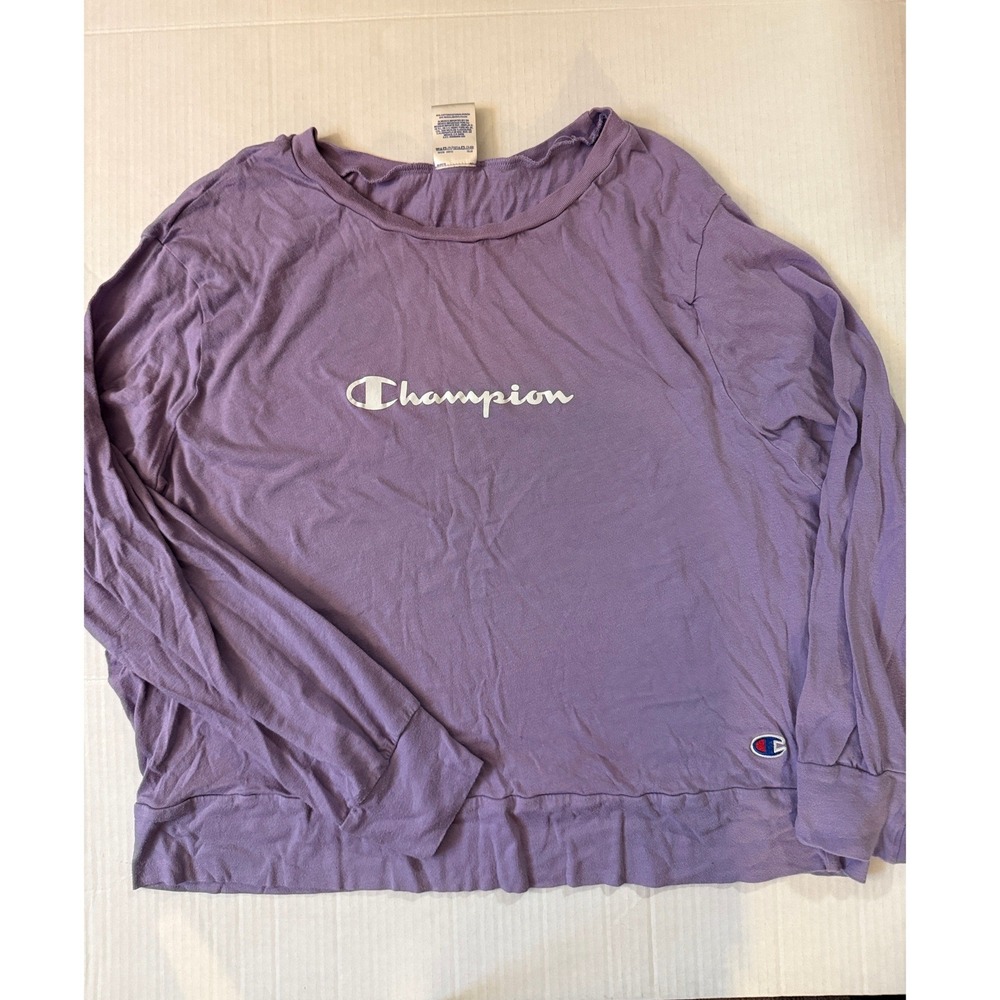 Champion Womens Long Sleeve T-Shirt Lavender Purple Logo Graphic XL Authentic